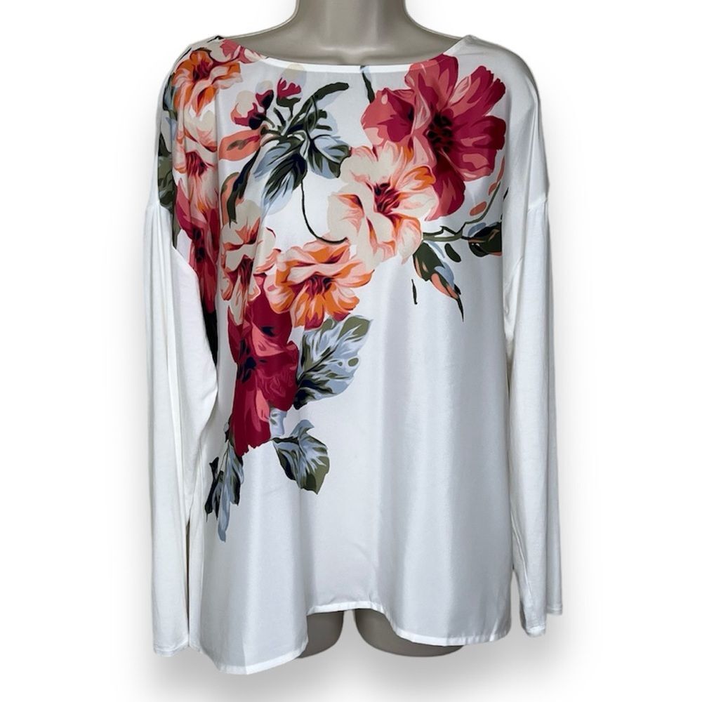 Chicos Floral Front Knit Woven Tee Boat Neck Ivory Ecru Long Sleeve Women Large